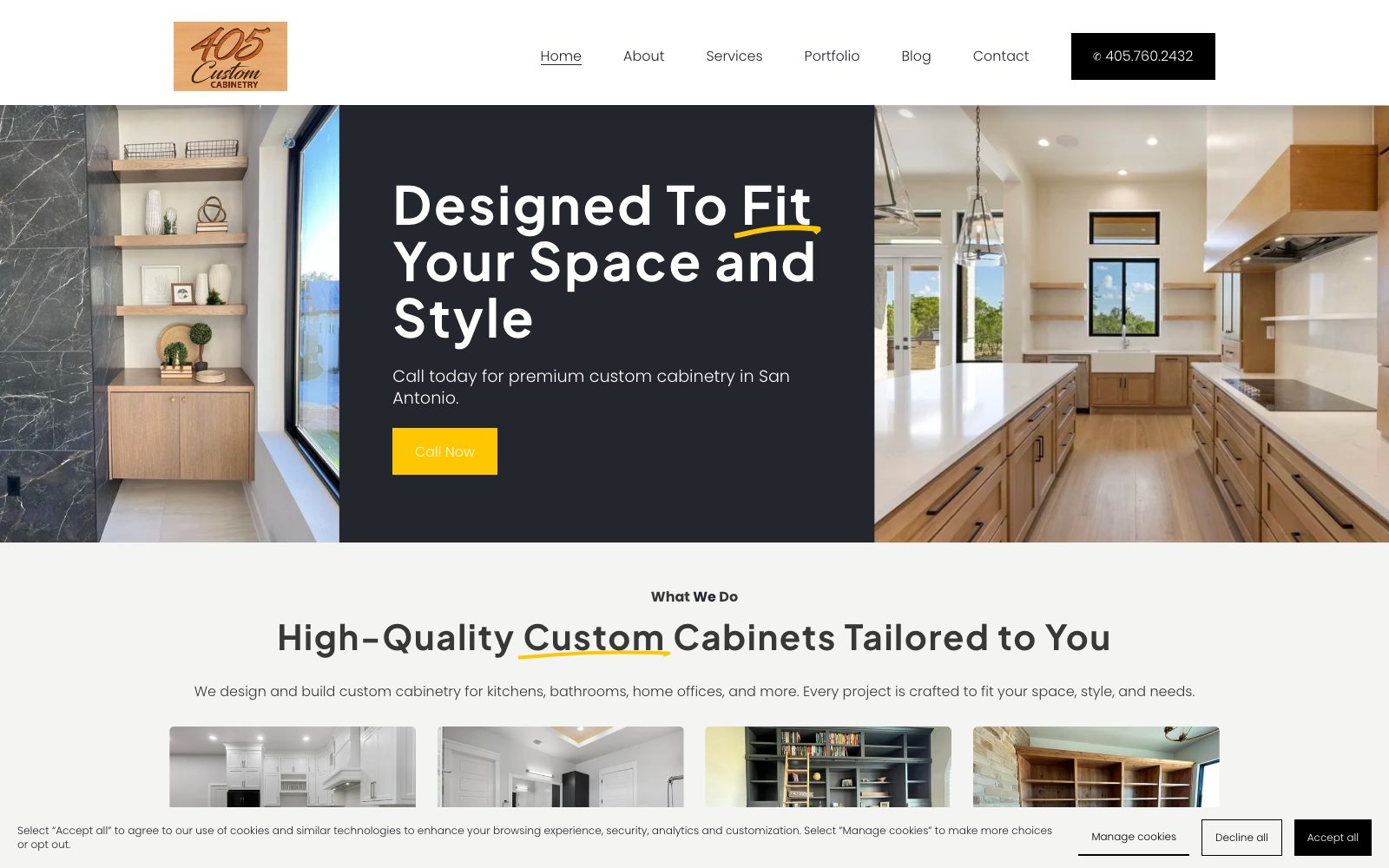The current 405customcabinetry.com homepage