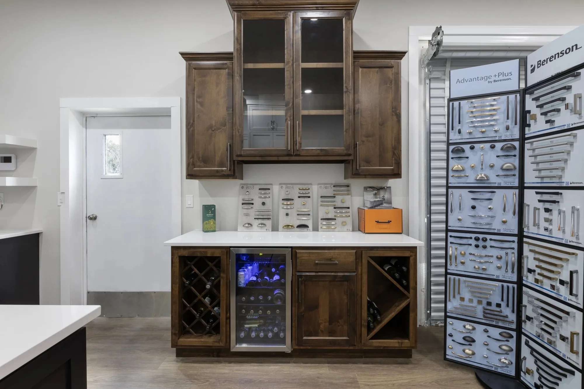 Inside the 405 Custom Cabinetry showroom in San Antonio, with door samples and finished cabinetry